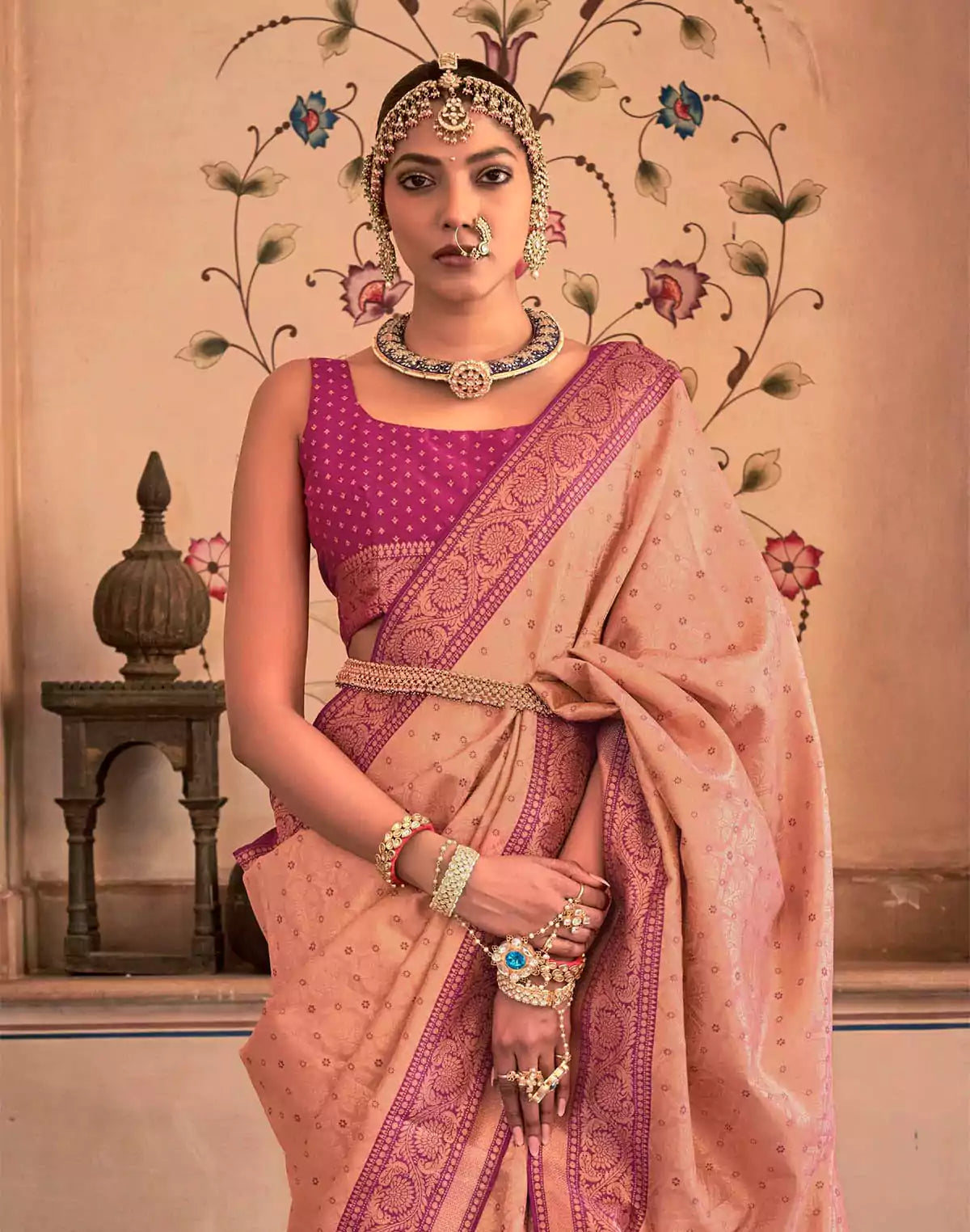 Image of Peach Coloured Soft Banaras Silk Saree