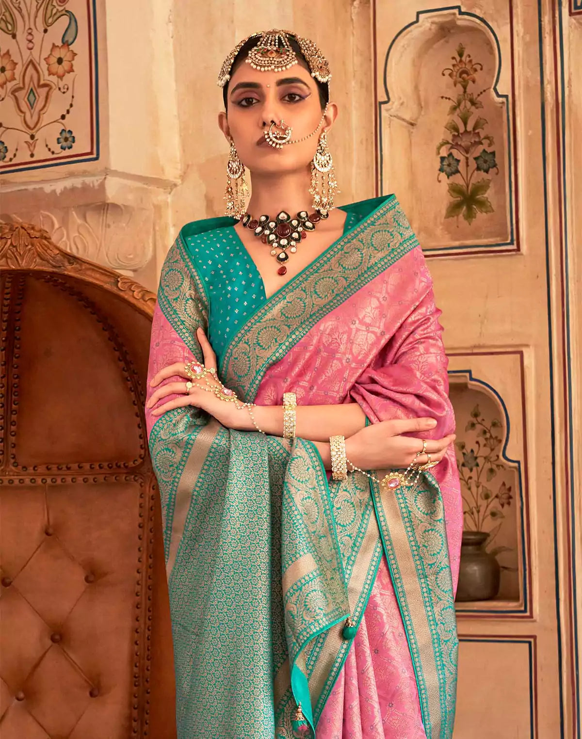 Image of Pink Floral Print Banaras Silk Saree