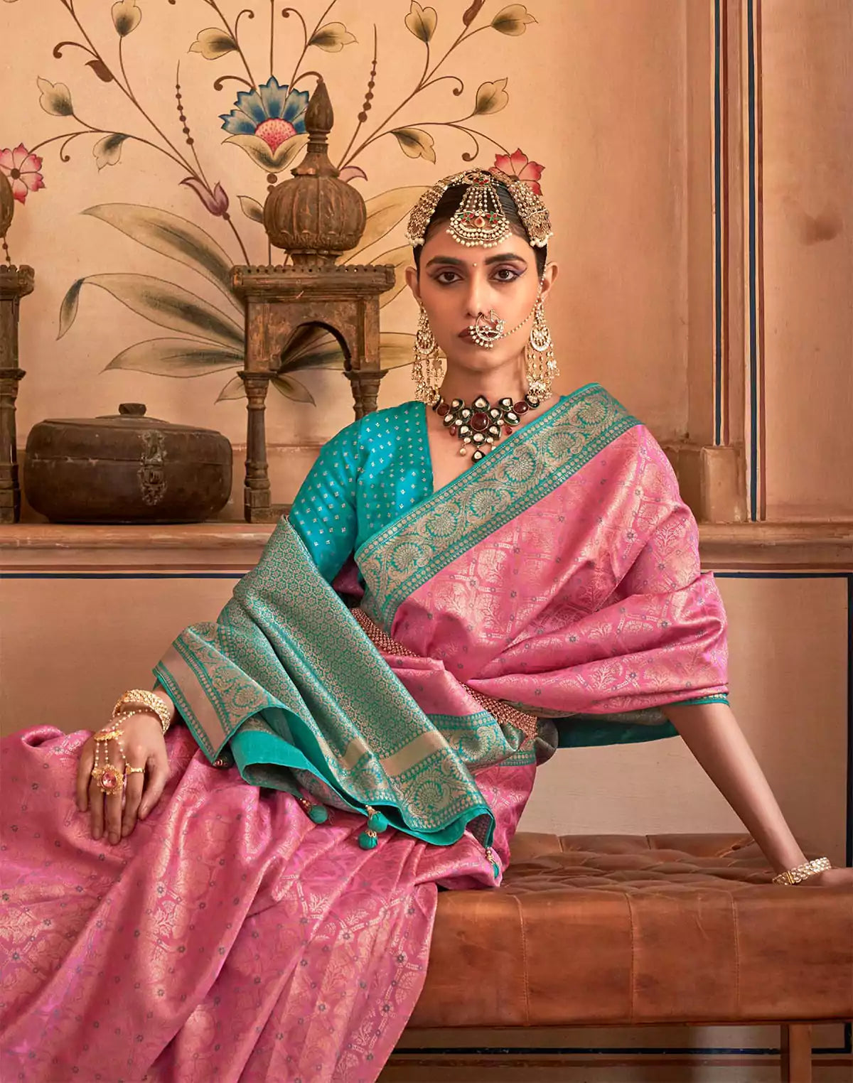 Image of Pink Floral Print Banaras Silk Saree