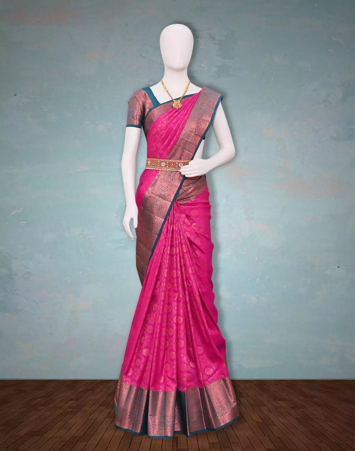 Image of Pink Floral design with Copper Zari Border Saree