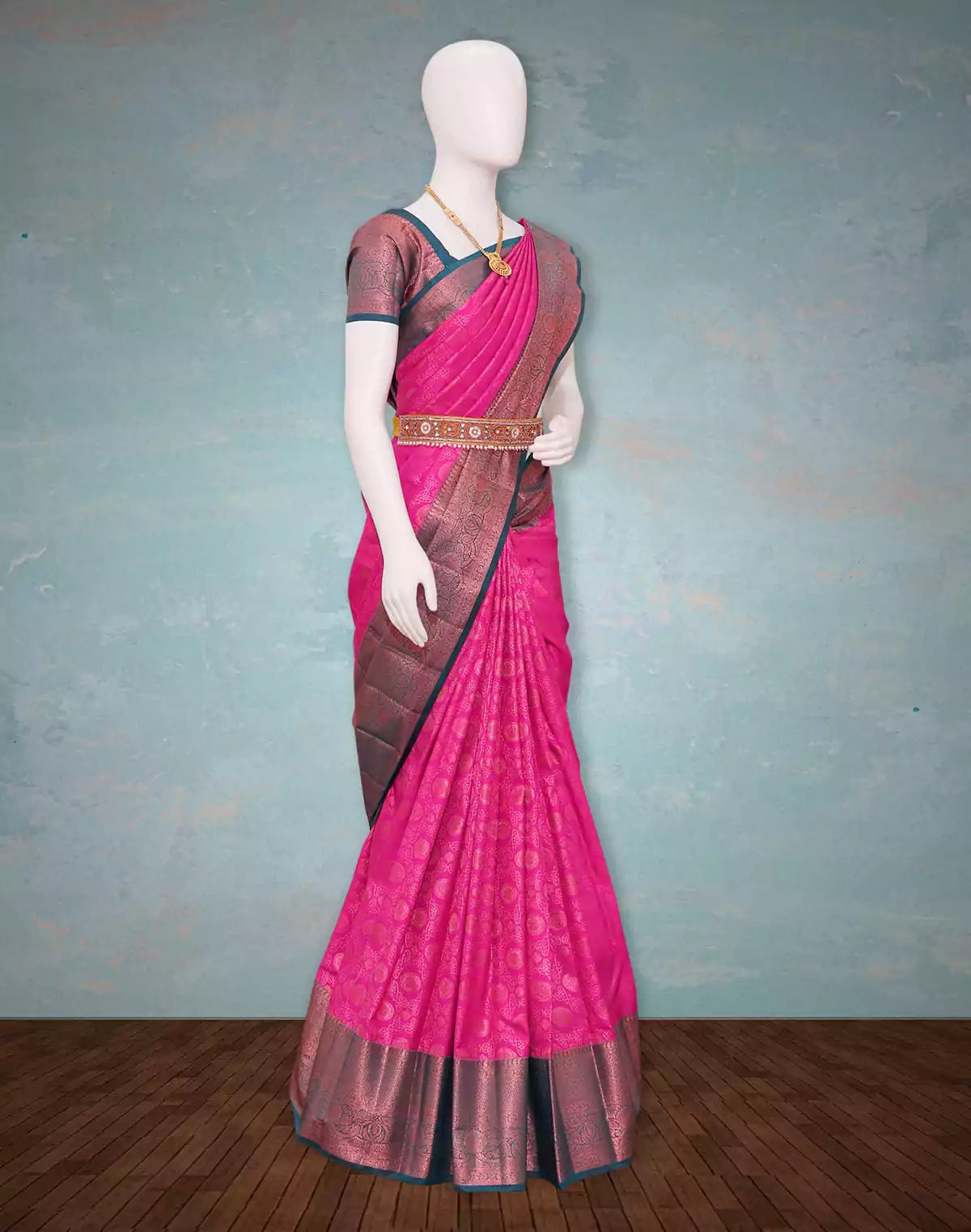 Image of Pink Floral design with Copper Zari Border Saree
