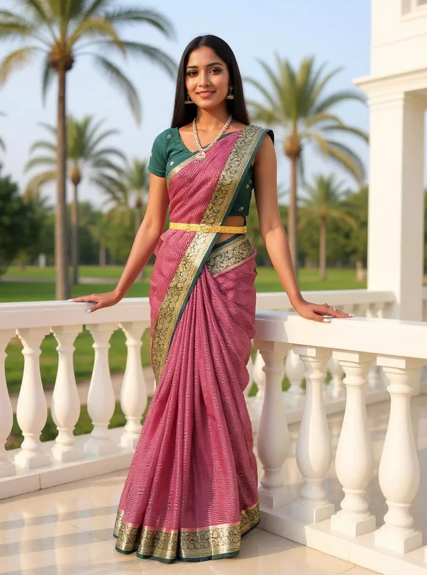 Image of Onion Floral Chinon Silk Saree with Banaras Border
