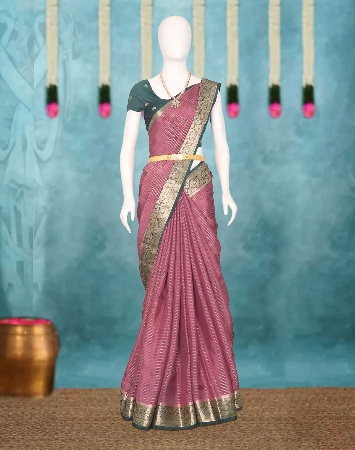 Image of Onion Floral Chinon Silk Saree with Banaras Border