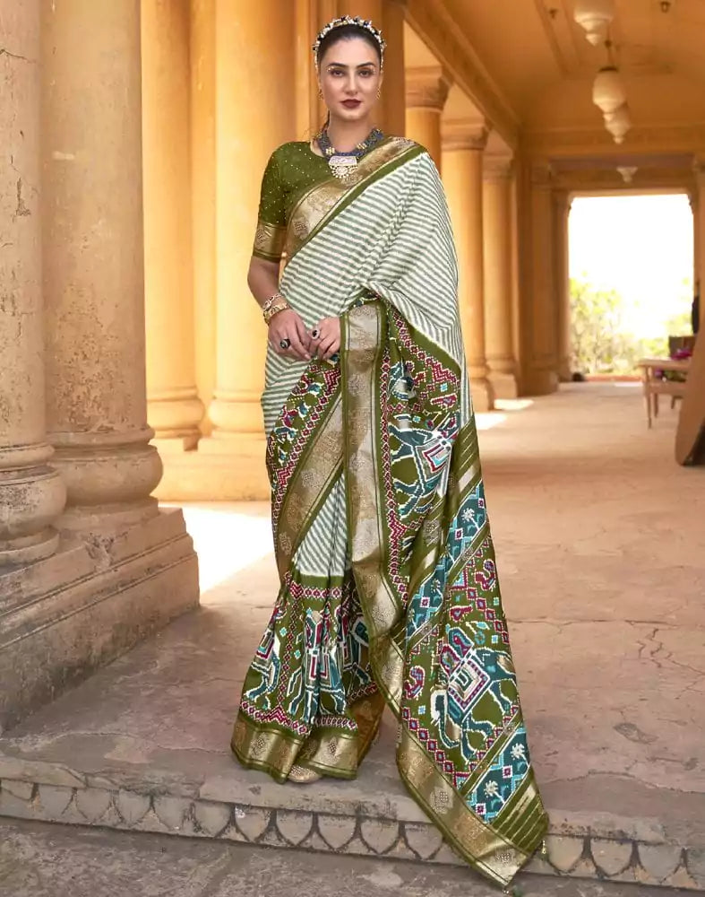 Image of Light Green Striped Pattern Patola Silk Saree