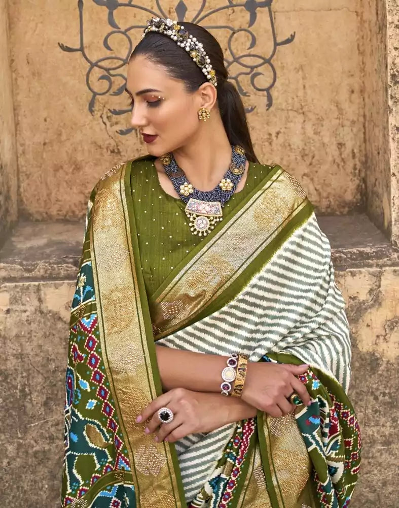 Image of Light Green Striped Pattern Patola Silk Saree