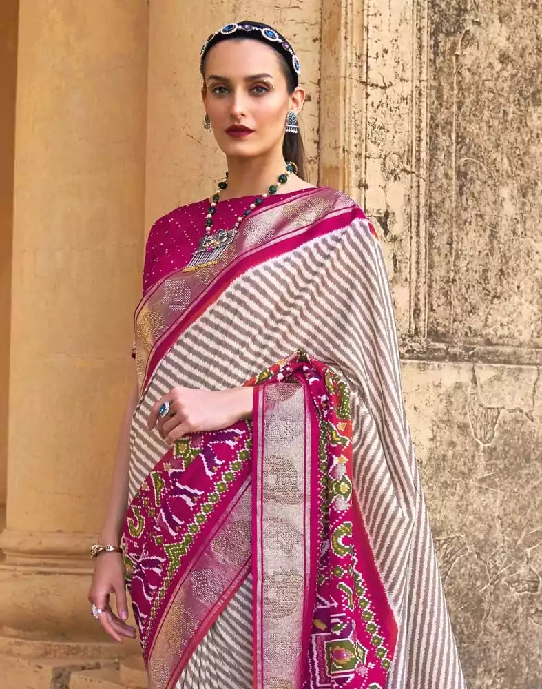 Image of Brown Striped Patola Silk Saree