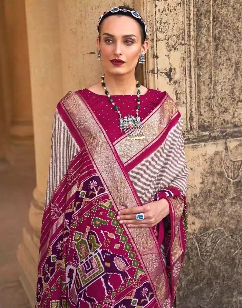 Image of Brown Striped Patola Silk Saree