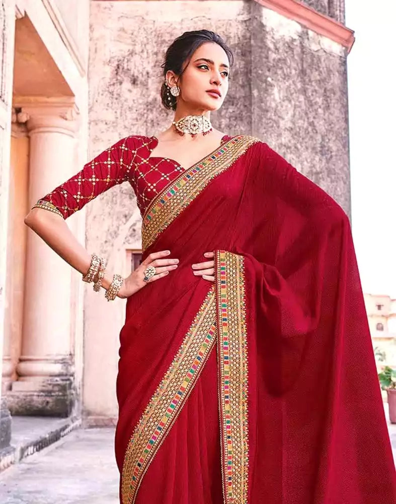 Image of Designer Maroon Colour Raw Silk Saree