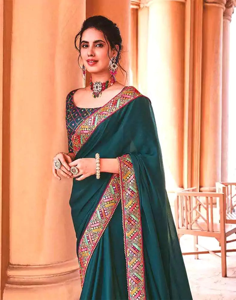 Image of Designer teal blue colour satin saree
