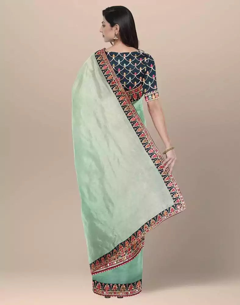 Image of Rama Green Coloured Plain Organza Saree