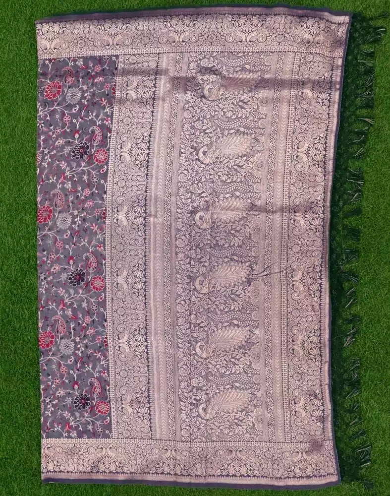 Image of Dark Grey Paisley Banaras Jute Saree
