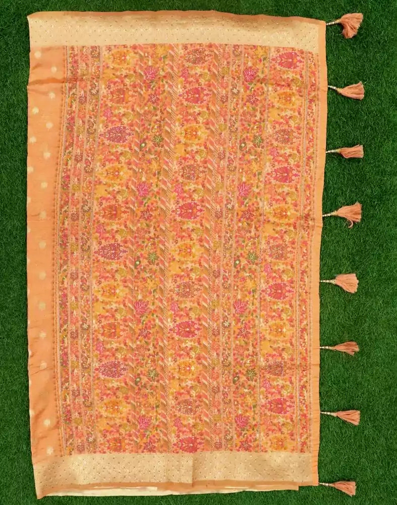 Image of Light Orange Floral Kora Saree