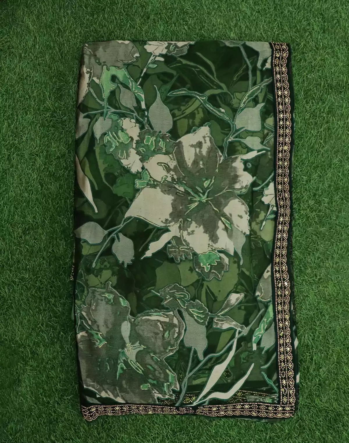 Image of Green Coloured Saree with Stones work Border