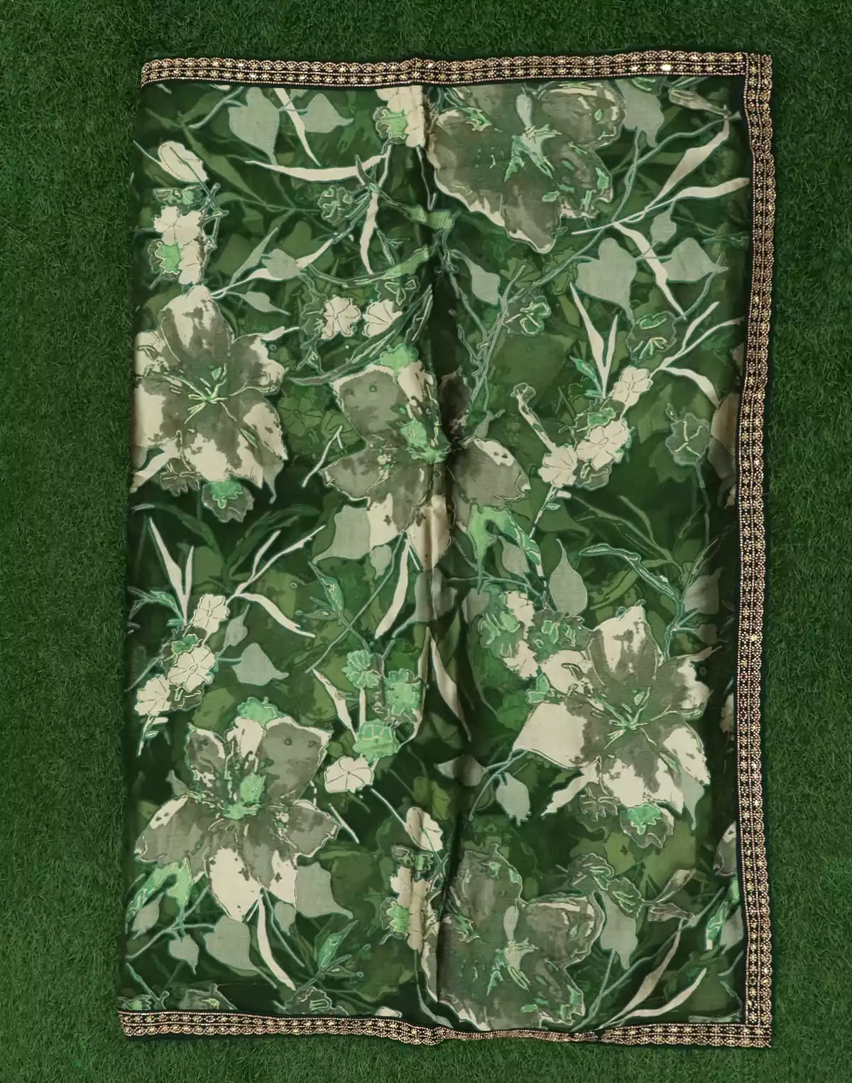 Image of Green Coloured Saree with Stones work Border