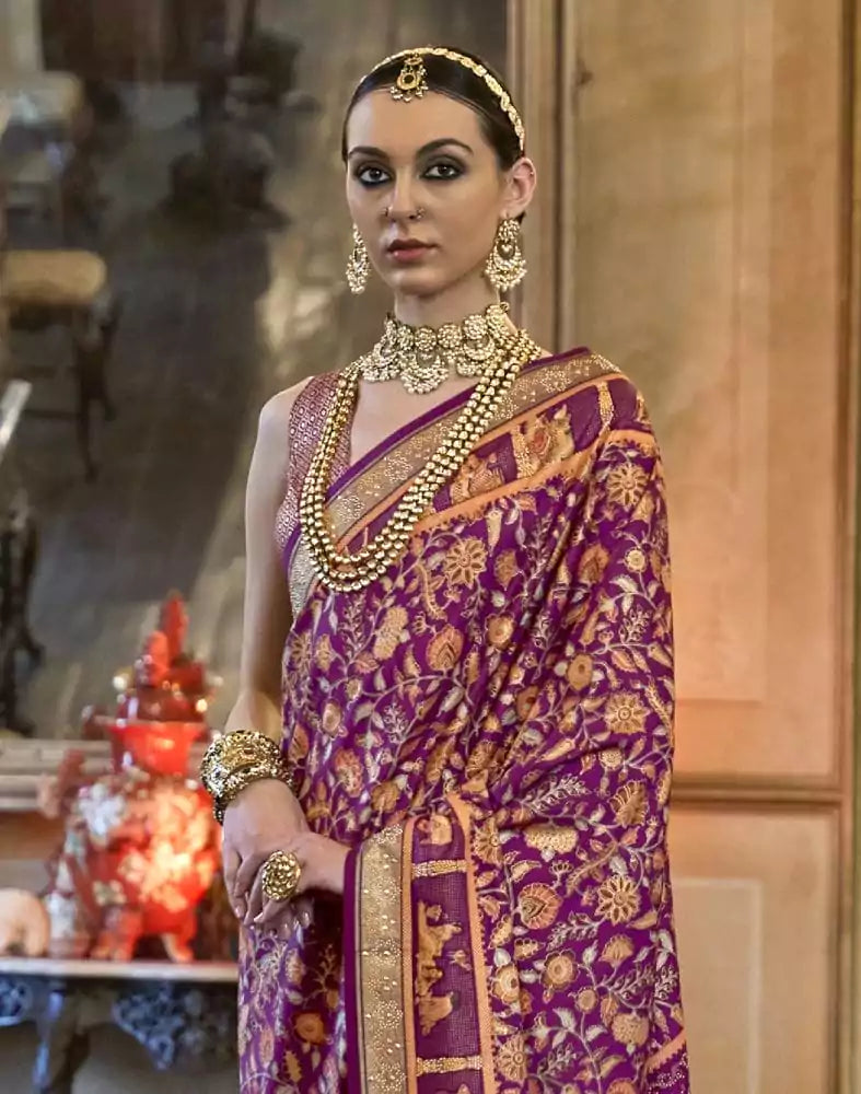 Image of Magenta Coloured Floral Patola Mica Print Saree