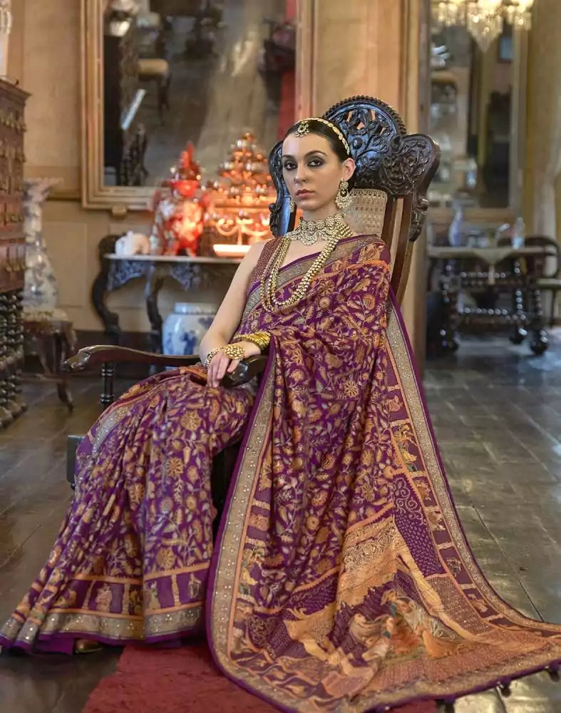 Image of Magenta Coloured Floral Patola Mica Print Saree