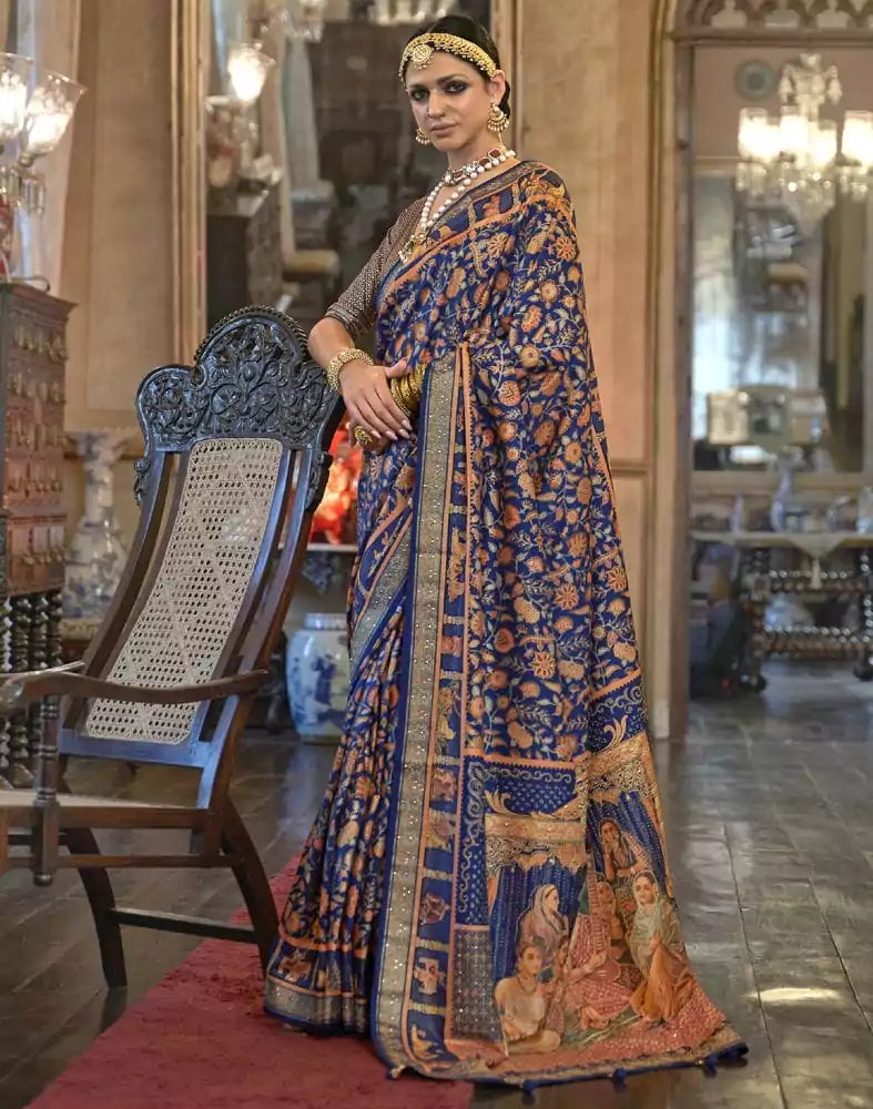 Image of Royal Blue Floral Patola Mica Print Saree