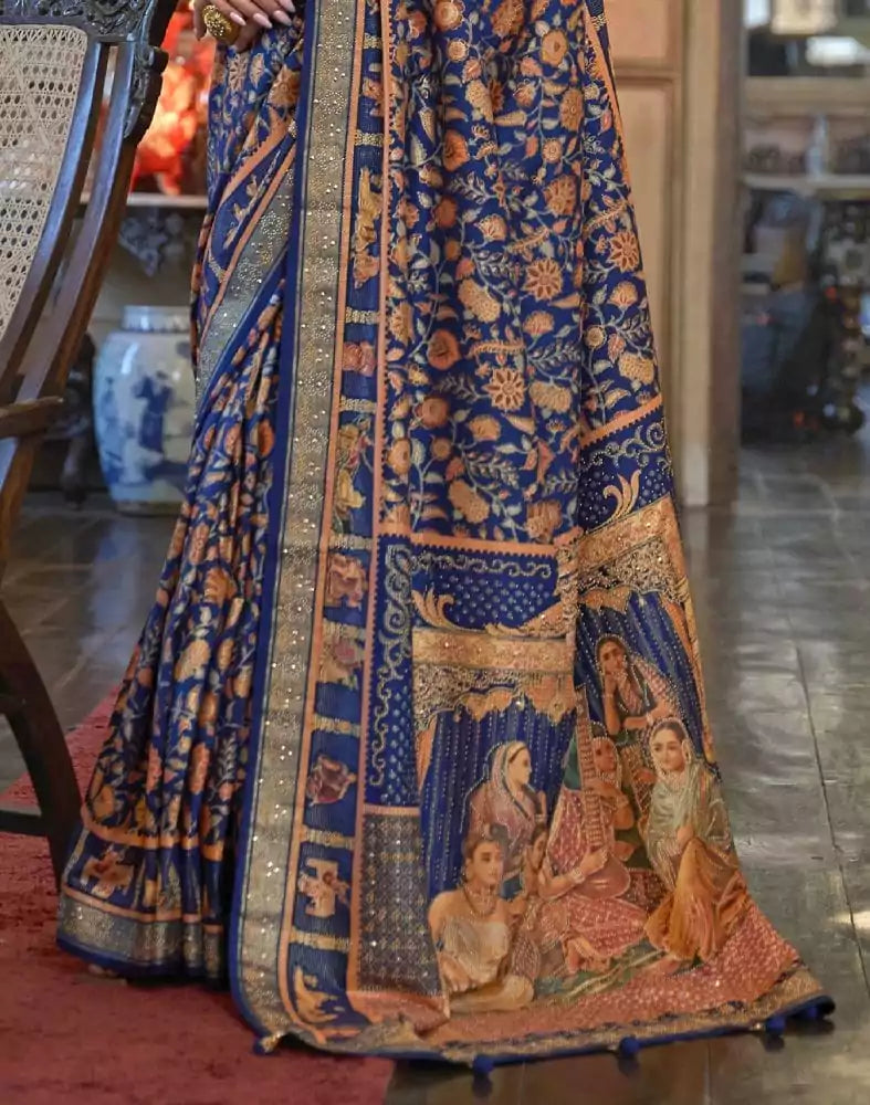 Image of Royal Blue Floral Patola Mica Print Saree