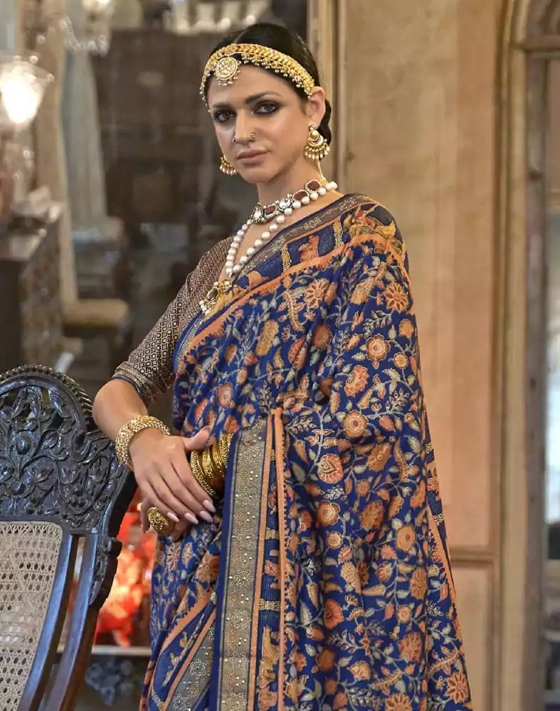 Image of Royal Blue Floral Patola Mica Print Saree
