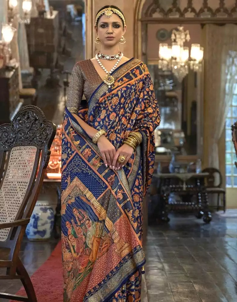 Image of Royal Blue Floral Patola Mica Print Saree