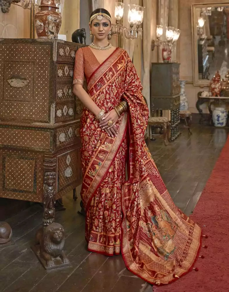 Image of Adorable Maroon Floral Mica Print Patola Saree