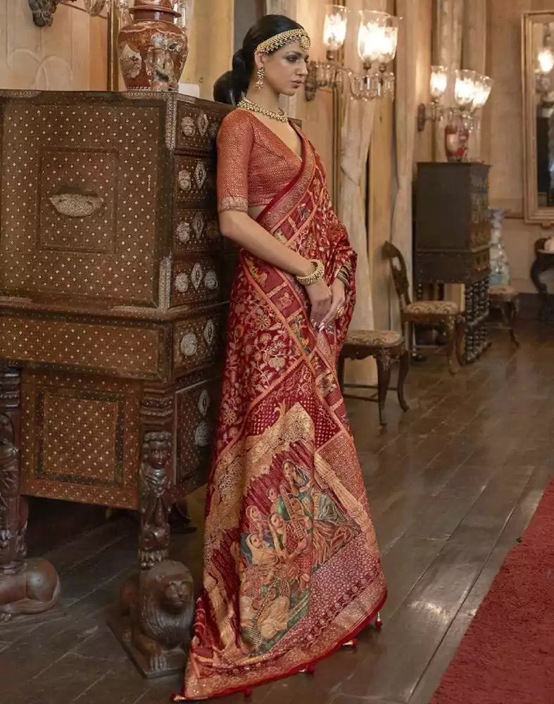 Image of Adorable Maroon Floral Mica Print Patola Saree