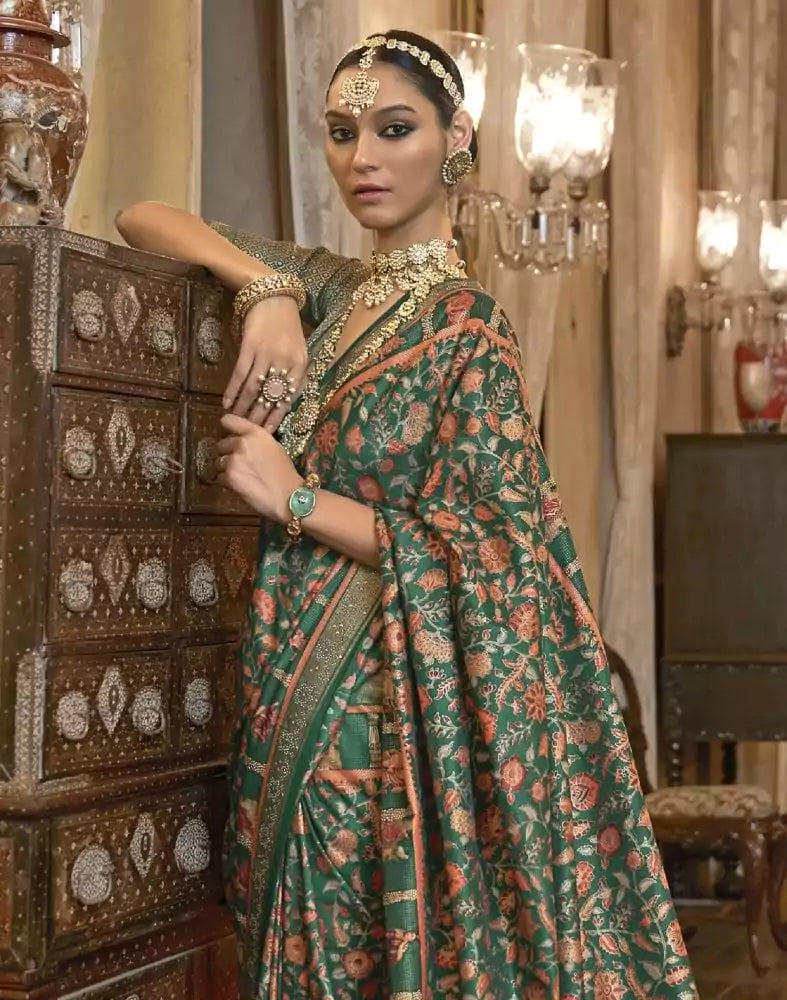 Image of Glorious Green Coloured Floral Mica Print Patola Saree