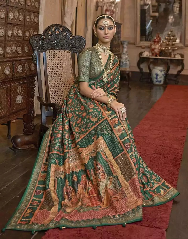 Image of Glorious Green Coloured Floral Mica Print Patola Saree
