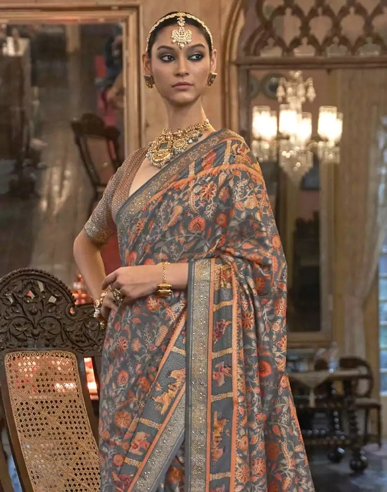 Image of Beautiful Grey Floral Patola Mica Print Saree