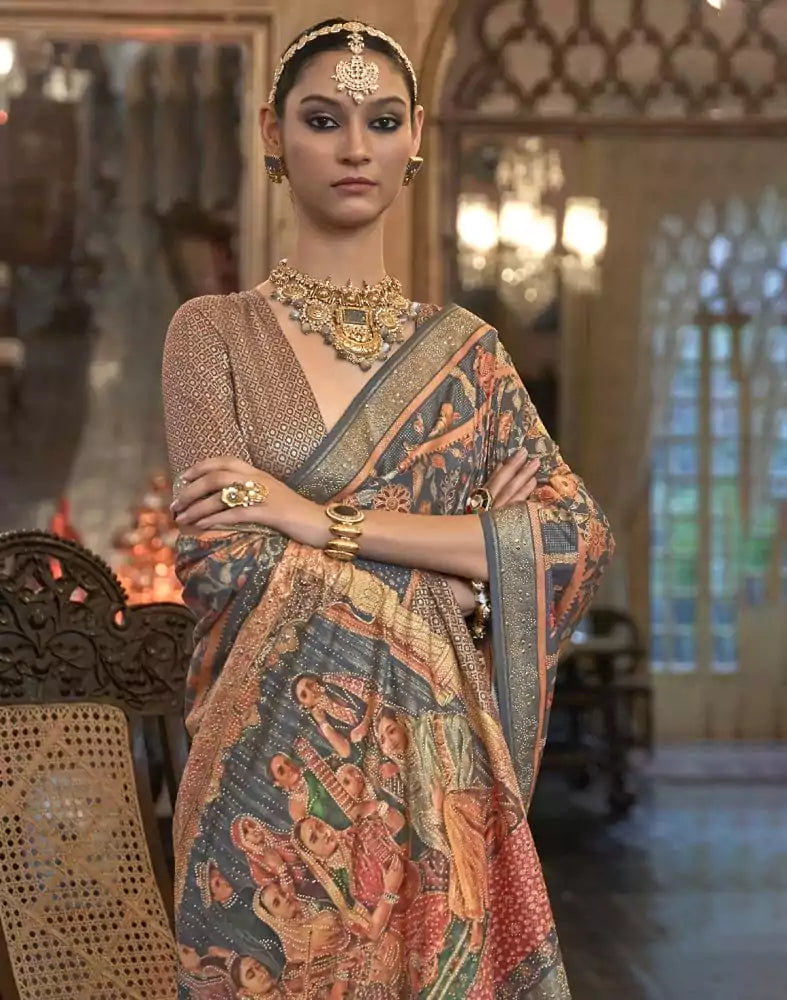 Image of Beautiful Grey Floral Patola Mica Print Saree