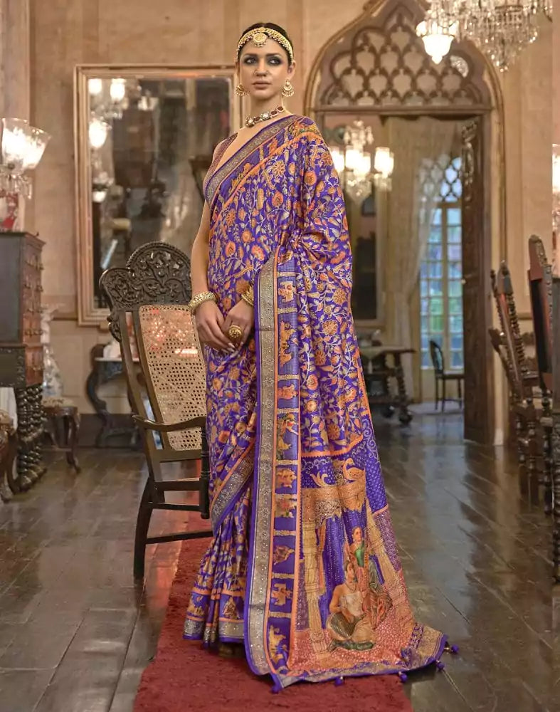 Image of Stunning Purple Floral Mica Print Patola Saree