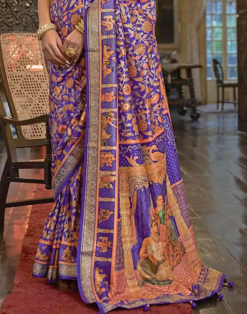 Image of Stunning Purple Floral Mica Print Patola Saree