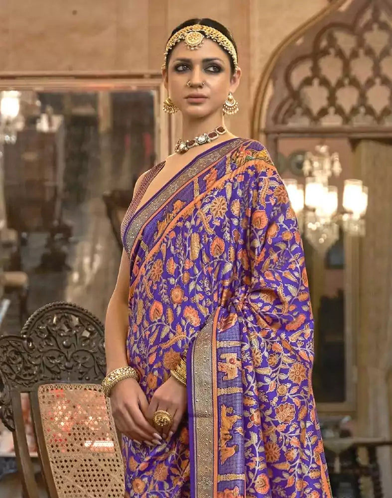 Image of Stunning Purple Floral Mica Print Patola Saree