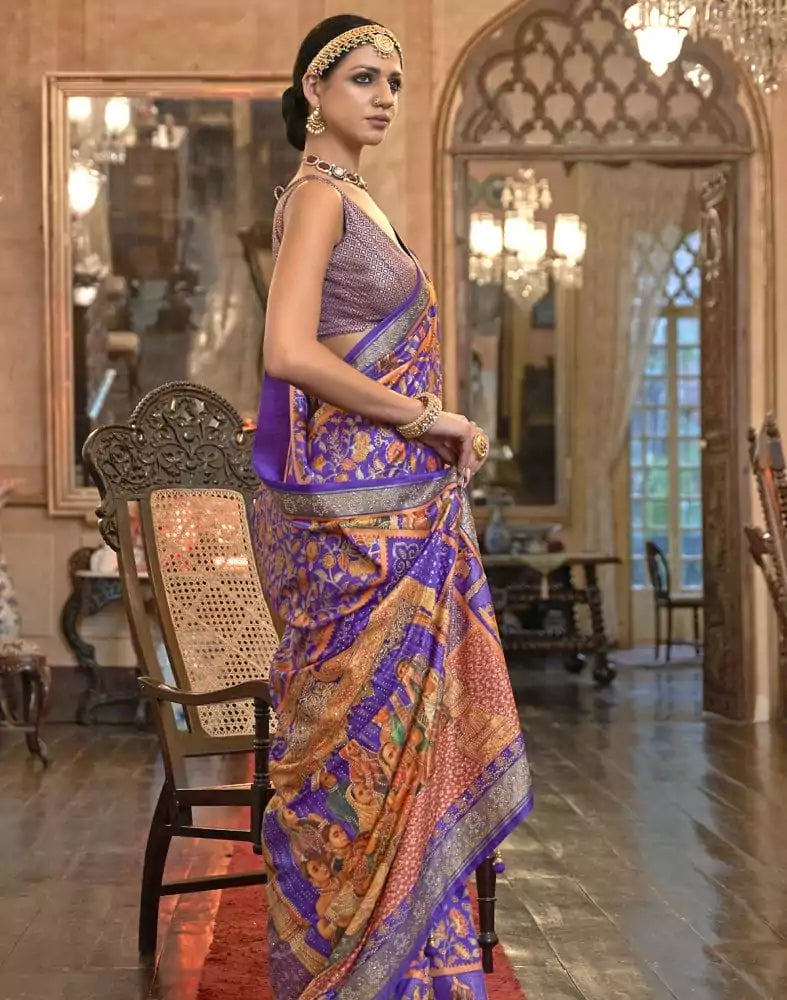 Image of Stunning Purple Floral Mica Print Patola Saree