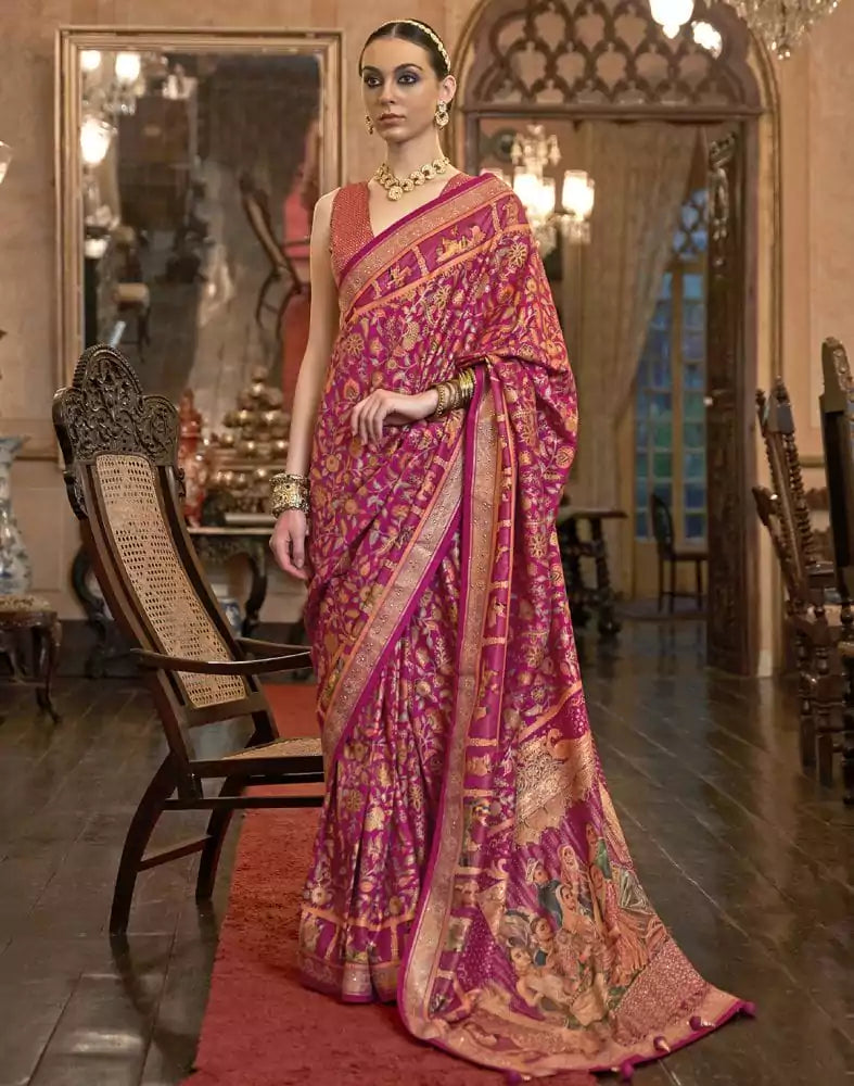 Image of Glorious Pink Floral Pattern Patola Mica Print Saree