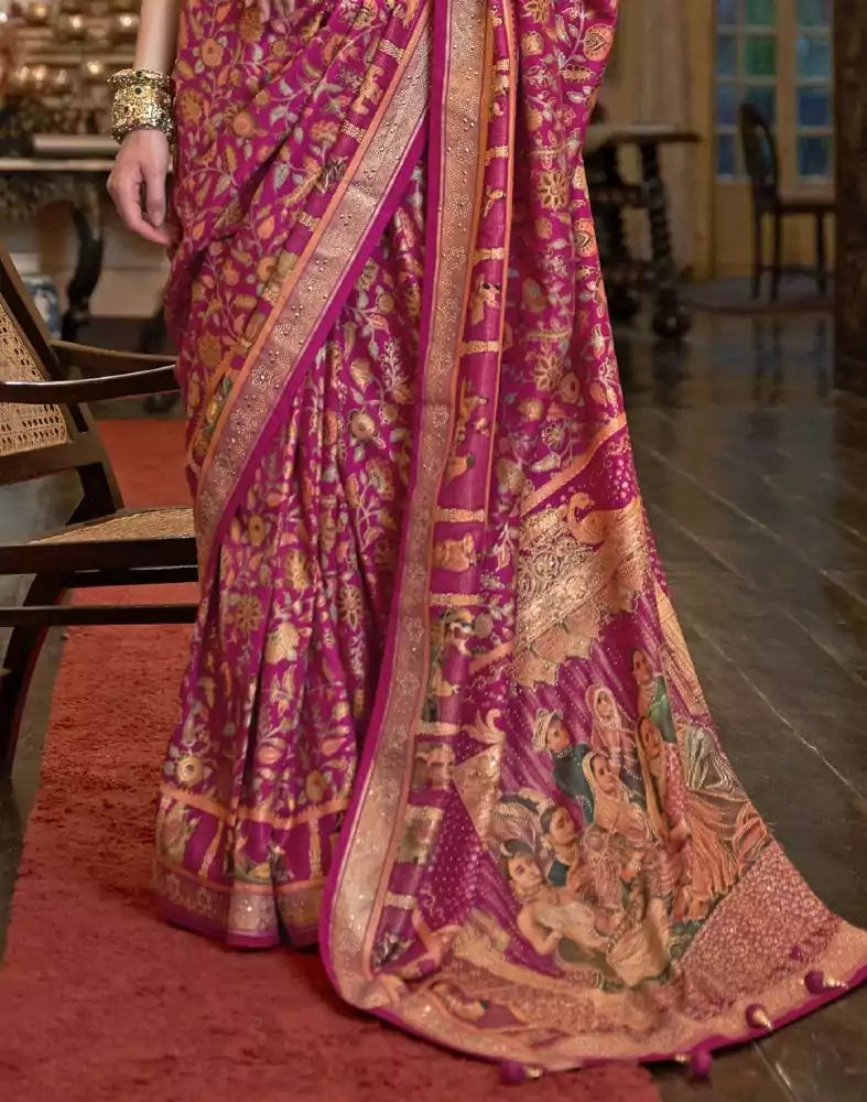 Image of Glorious Pink Floral Pattern Patola Mica Print Saree