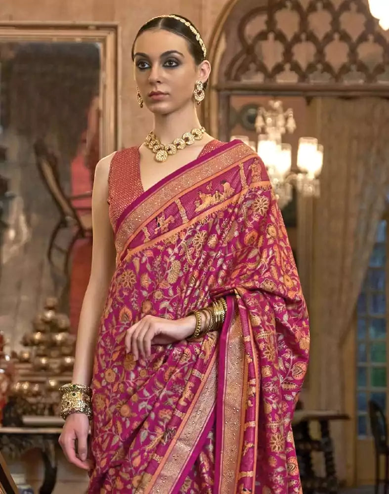 Image of Glorious Pink Floral Pattern Patola Mica Print Saree