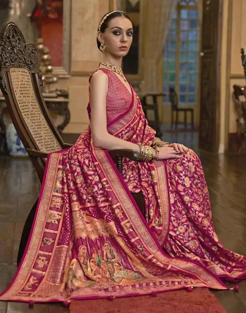 Image of Glorious Pink Floral Pattern Patola Mica Print Saree