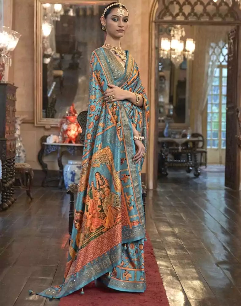 Image of Sky Blue Floral Pattern Patola Mica Print Saree