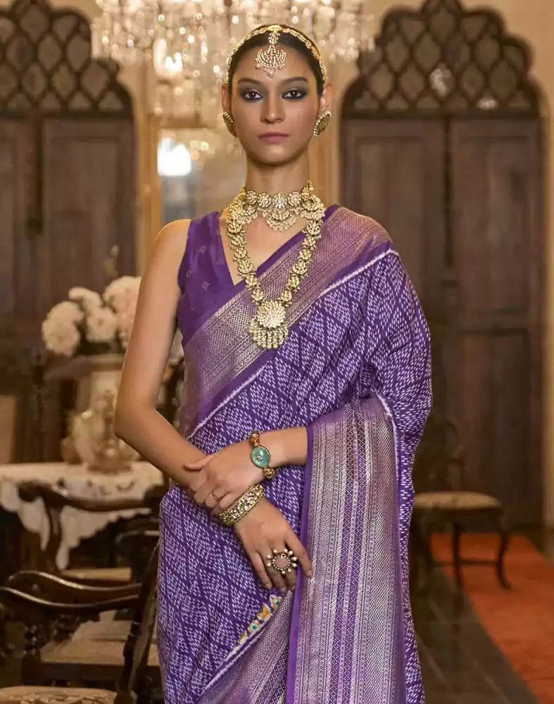 Image of Purple Geometric Print Param Patola Saree