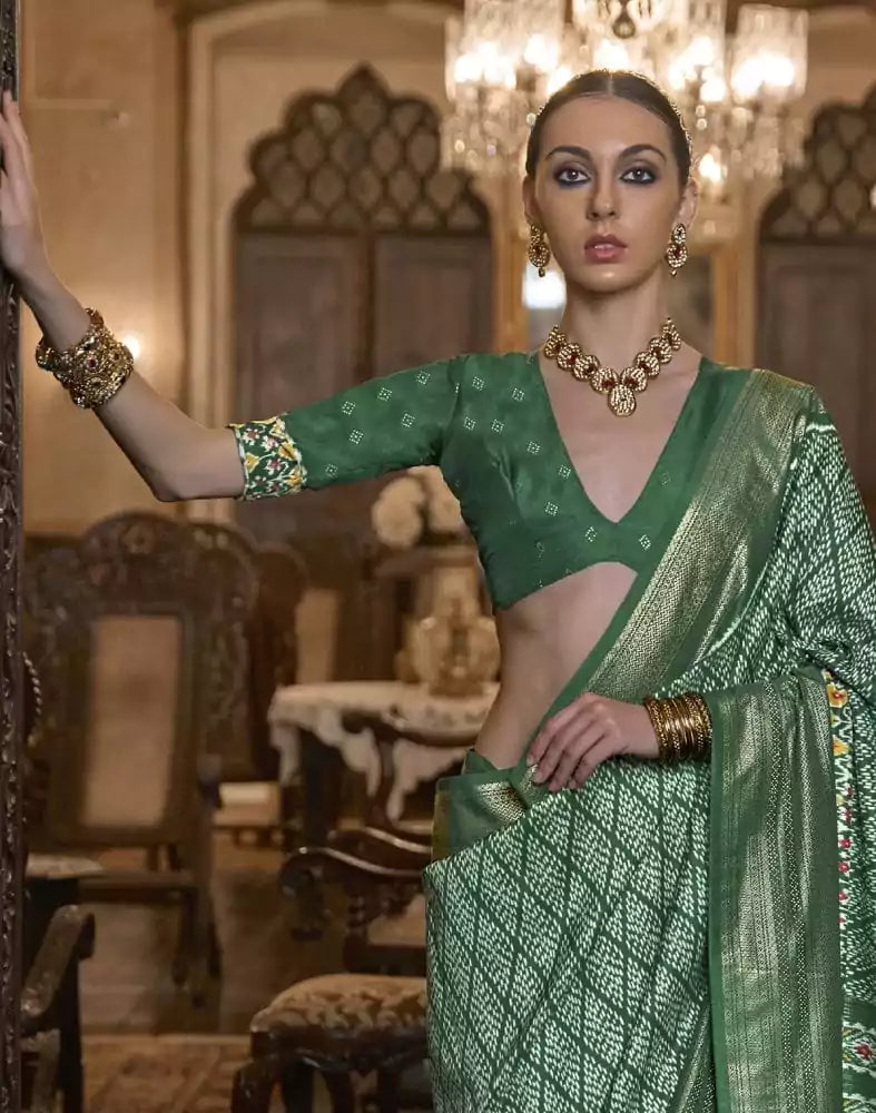 Image of Bottle Green Geometric Print Param Patola Saree