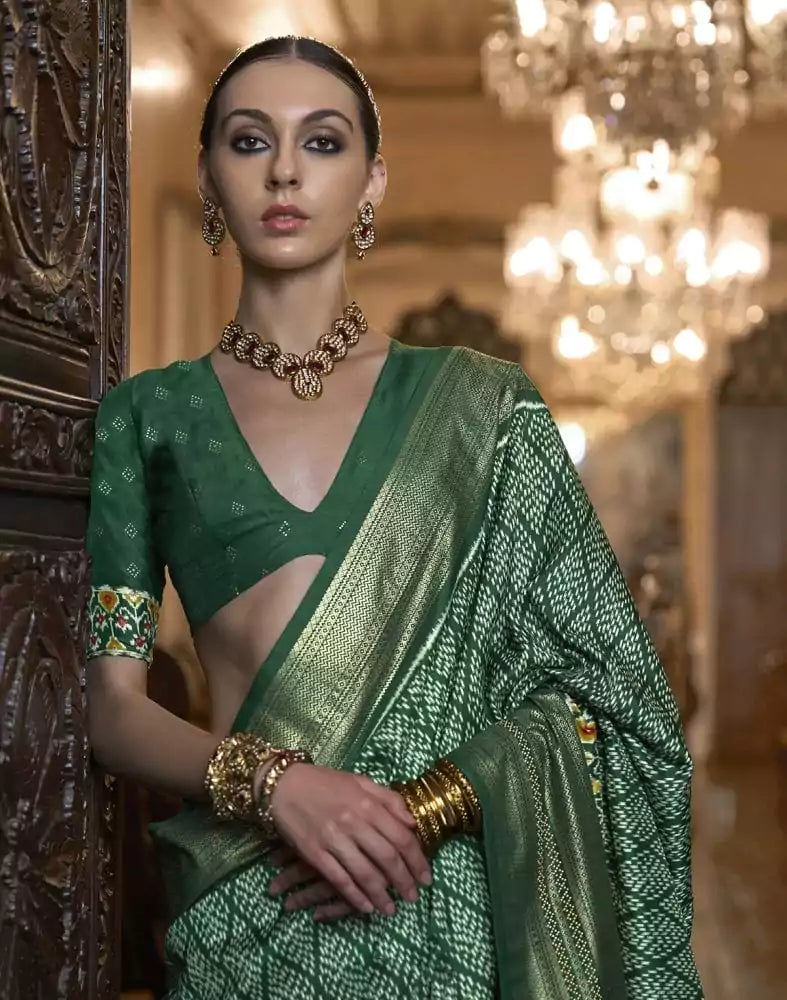 Image of Bottle Green Geometric Print Param Patola Saree