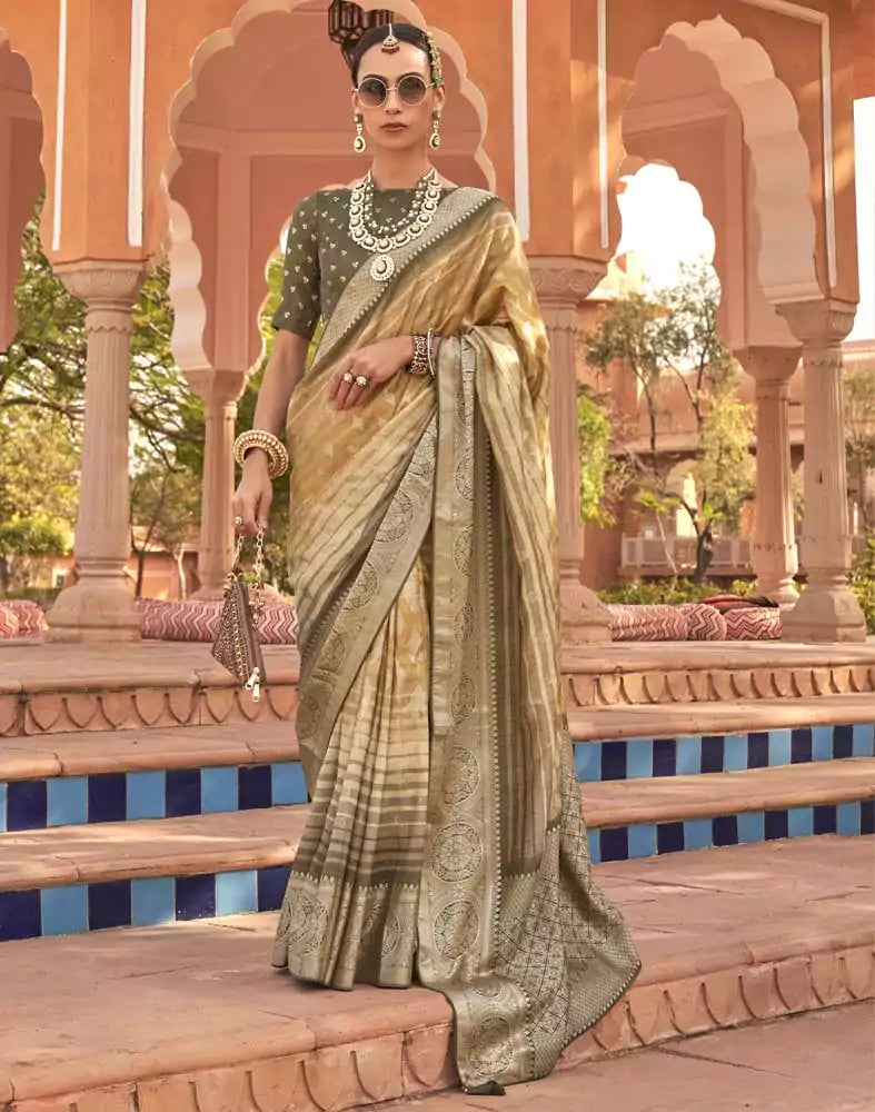 Image of Mustard Yellow Geometric Soft Patola Silk Saree