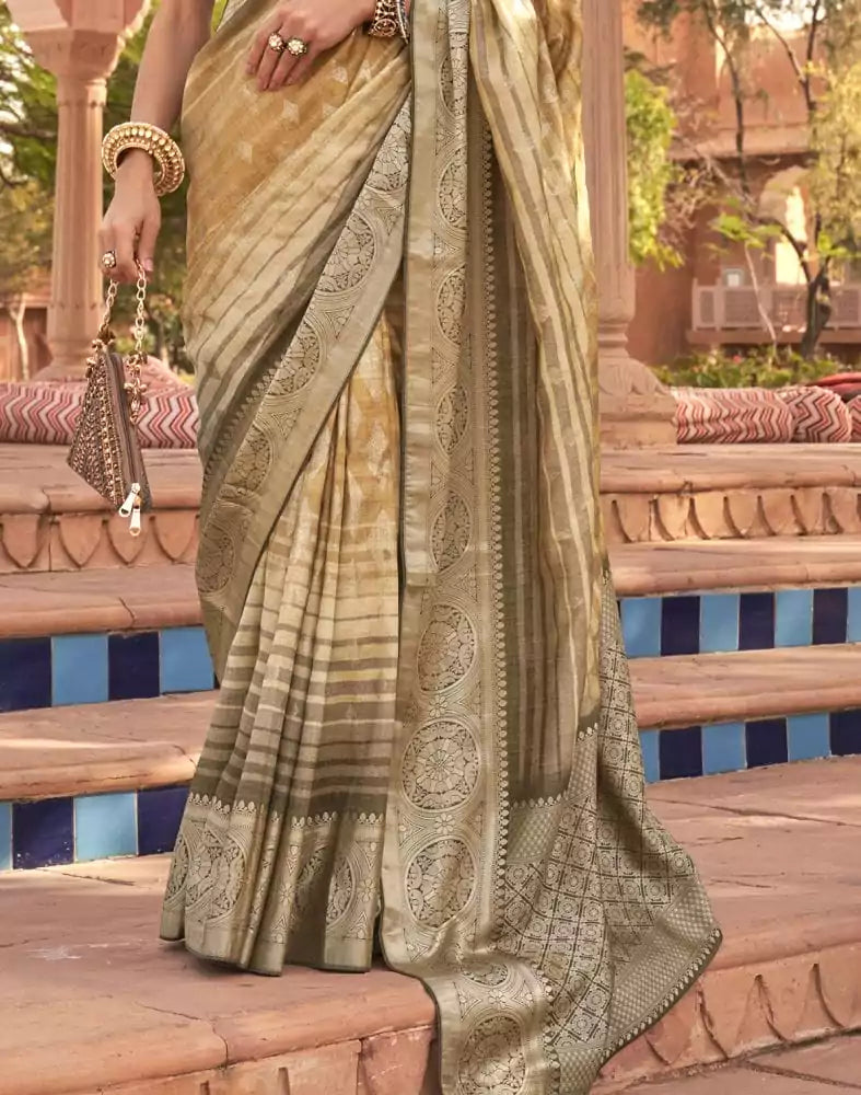 Image of Mustard Yellow Geometric Soft Patola Silk Saree