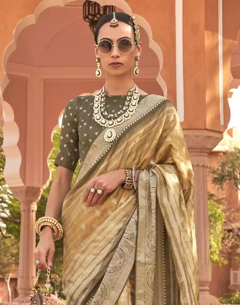 Image of Mustard Yellow Geometric Soft Patola Silk Saree