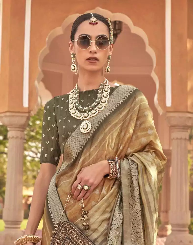 Image of Mustard Yellow Geometric Soft Patola Silk Saree