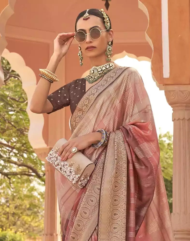 Image of Peach Striped Print Soft Patola Silk Saree