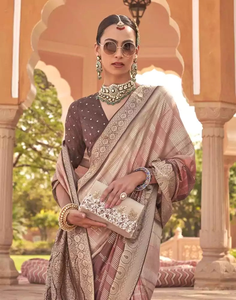 Image of Peach Striped Print Soft Patola Silk Saree