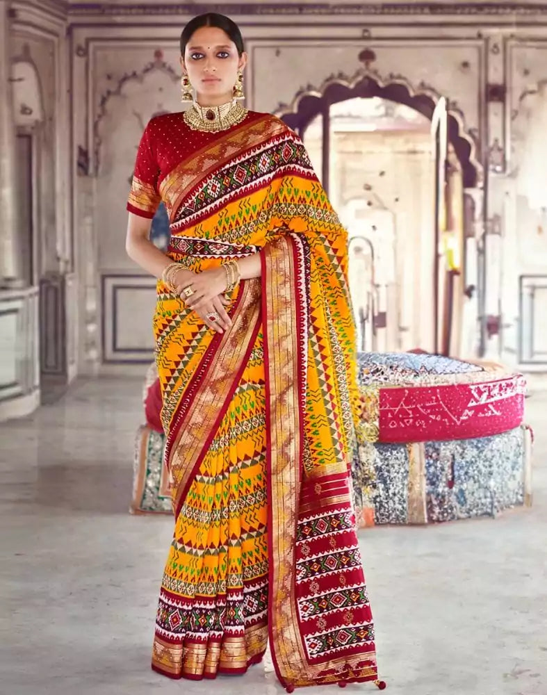 Image of Mustard Geometric Print Patola Saree
