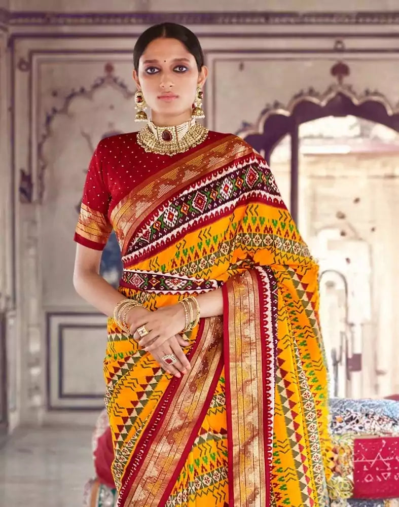 Image of Mustard Geometric Print Patola Saree